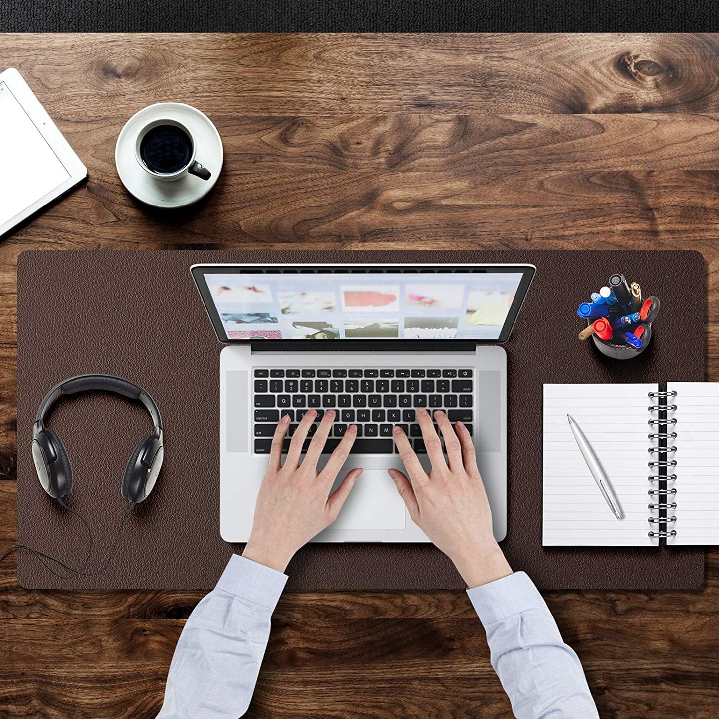 Large Natural Cork & Leather Desk Mouse Pad, Double-Sided Desk Protector, Smooth Surface Mouse Pad, Waterproof Desk Mat for Office/Home/Gaming (32" X 16" Coffee)